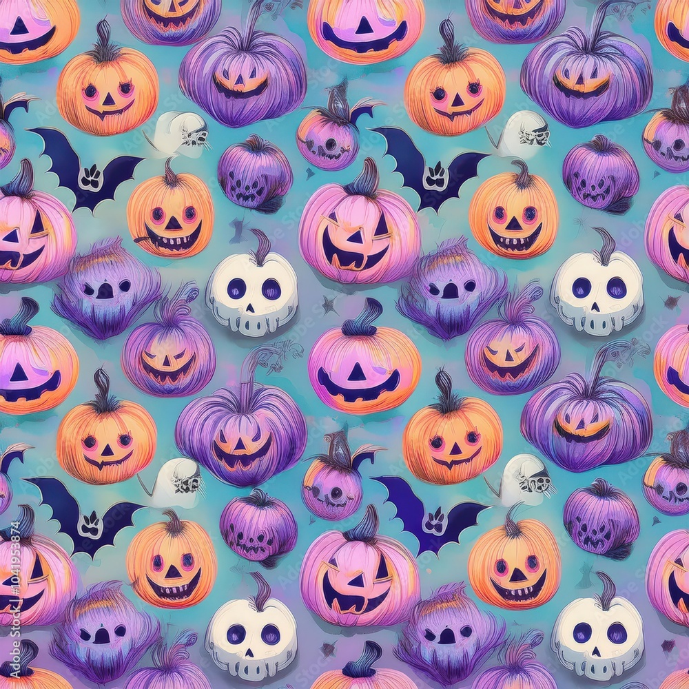 Cute Halloween-Themed Seamless Pattern with Jack-O’-Lanterns, Skeletons, Bats, and Witches in Bold Lines and Soft Pastel Colors – Anime-Style Kawaii Illustration Cute Halloween-Themed Seamless Pattern with Jack-O’-Lanterns, Skeletons, Bats, and Witches in Bold Lines and Soft Pastel Colors – Anime-Style Kawaii Illustration