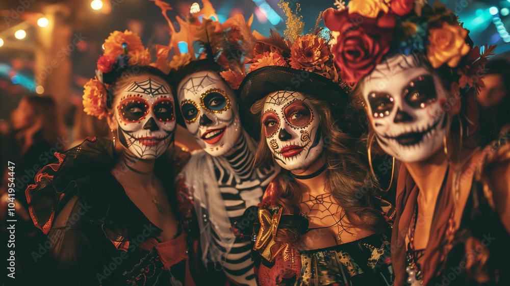 group of friends dressed in elaborate Halloween costumes posing for a photo at a party group of friends dressed in elaborate Halloween costumes posing for a photo at a party