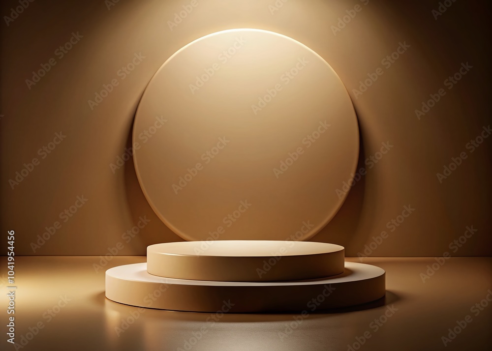 Modern 3D Realistic Beige Podium with Circle Backdrop on Brown Background for Product Display or Photography Needs Modern 3D Realistic Beige Podium with Circle Backdrop on Brown Background for Product Display or Photography Needs