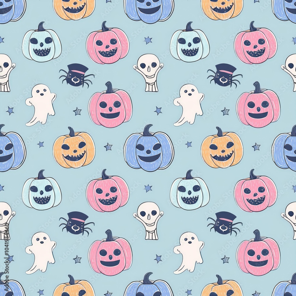 Cute Halloween-Themed Seamless Pattern with Jack-O’-Lanterns, Skeletons, Bats, and Witches in Bold Lines and Soft Pastel Colors – Anime-Style Kawaii Illustration Cute Halloween-Themed Seamless Pattern with Jack-O’-Lanterns, Skeletons, Bats, and Witches in Bold Lines and Soft Pastel Colors – Anime-Style Kawaii Illustration