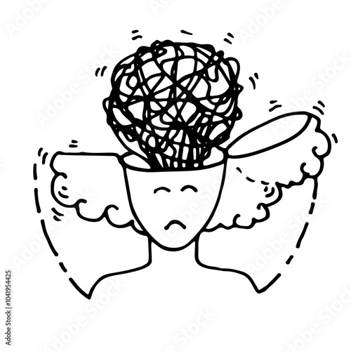 Confusion of thoughts. Mental health, antidepressants and depression psychology concept. Hand drawn vector illustration.