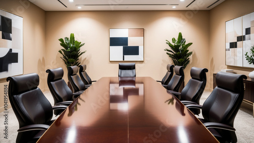Wallpaper Mural A blurred image of a stylish conference room with a large table, comfortable chairs, and contemporary decor, suggesting a professional environment. Torontodigital.ca
