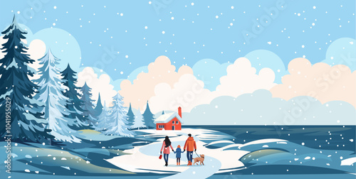 happy family on a winter vacation. Winter in Christmas background with  Christmas tree inspired winter landscape