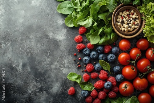 Fresh vegetables and berries arranged neatly on a dark surface for healthy meal preparation