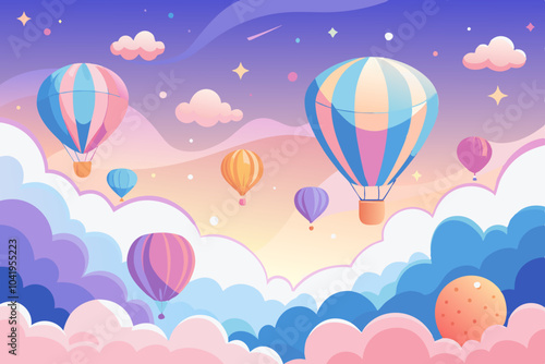 Fantasy Cloudscape with Hot Air Balloons and Stars