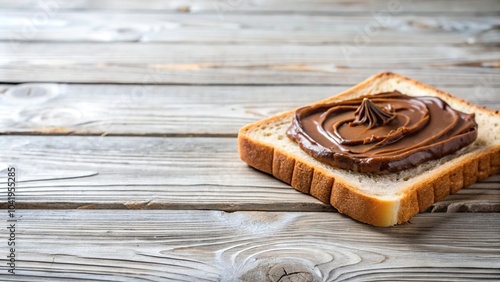 Delicious breakfast sandwich with chocolate spread on white wooden background photo