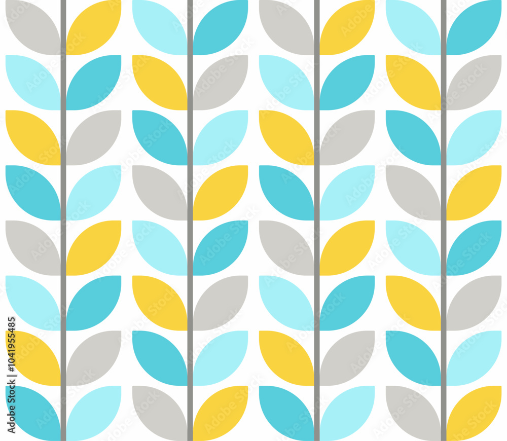 Retro mod leaves pastel teal yellow Vector Pattern. Midcentury style geometric stems seamless pattern. Retro mod leaves pastel teal yellow Vector Pattern. Midcentury style geometric stems seamless pattern.