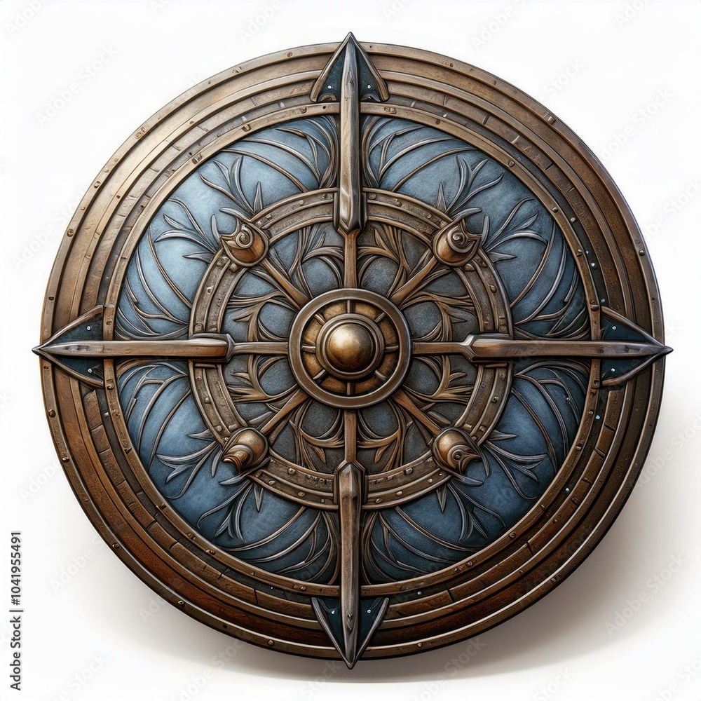 Naklejka premium minimalist ancient round iron shield isolated on white background