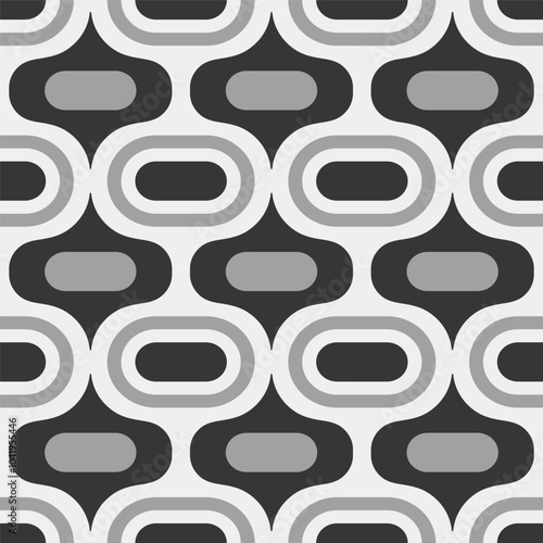 Retro Atomic ogee ovals grey black Vector Pattern. Mid-century modern style Atomic capsules monochrome black seamless pattern.