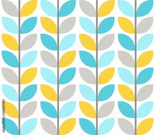 Retro mod leaves pastel teal yellow Vector Pattern. Midcentury style geometric stems seamless pattern.