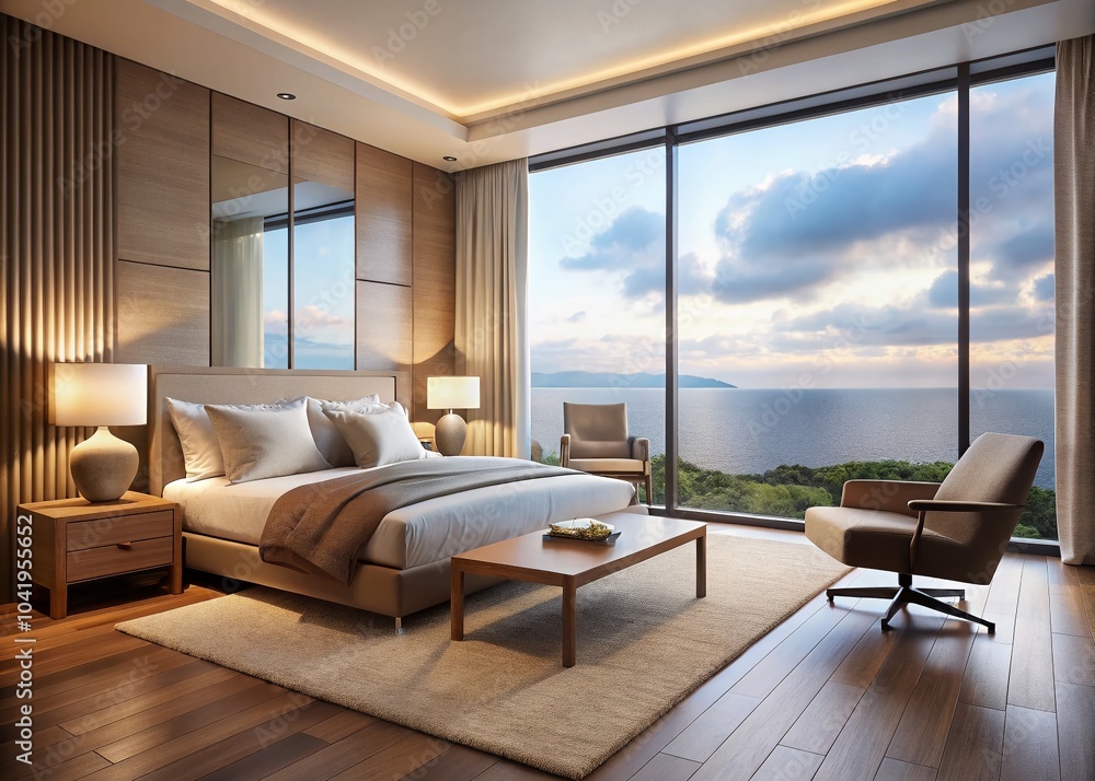Fototapeta premium Modern Bedroom with Ocean View - Bright and Airy Space for Relaxation and Comfort