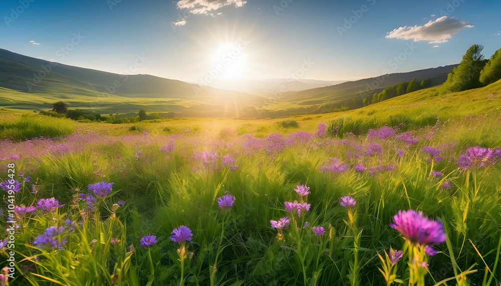 Obraz premium Stunning Sunset Over a Field of Purple Flowers