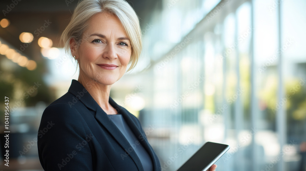 Confident Mature Businesswoman Holding Tablet in Modern Office, A confident, mature businesswoman holding a tablet in a bright, modern office setting with large windows, exuding professionalism
Confident Mature Businesswoman Holding Tablet in Modern Office, A confident, mature businesswoman holding a tablet in a bright, modern office setting with large windows, exuding professionalism