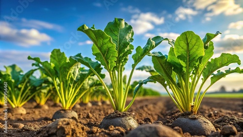 Low angle view of small sugar beet plant growing in row in cultivated field, green sugar beet field in early stage