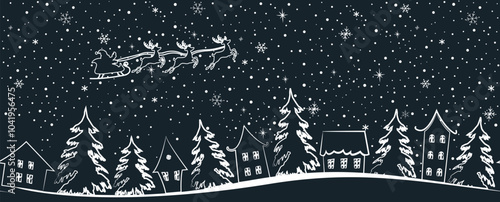 Christmas Seamless Border. Winter Bac. Santa Claus is Riding Across the Sky on Deer. White Silhouettes of Houses, Fir Trees on Dark Blue Background. Vector Illustration