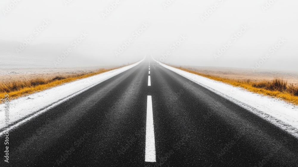 Fototapeta premium Long empty road stretching into the foggy horizon, surrounded by grassland.