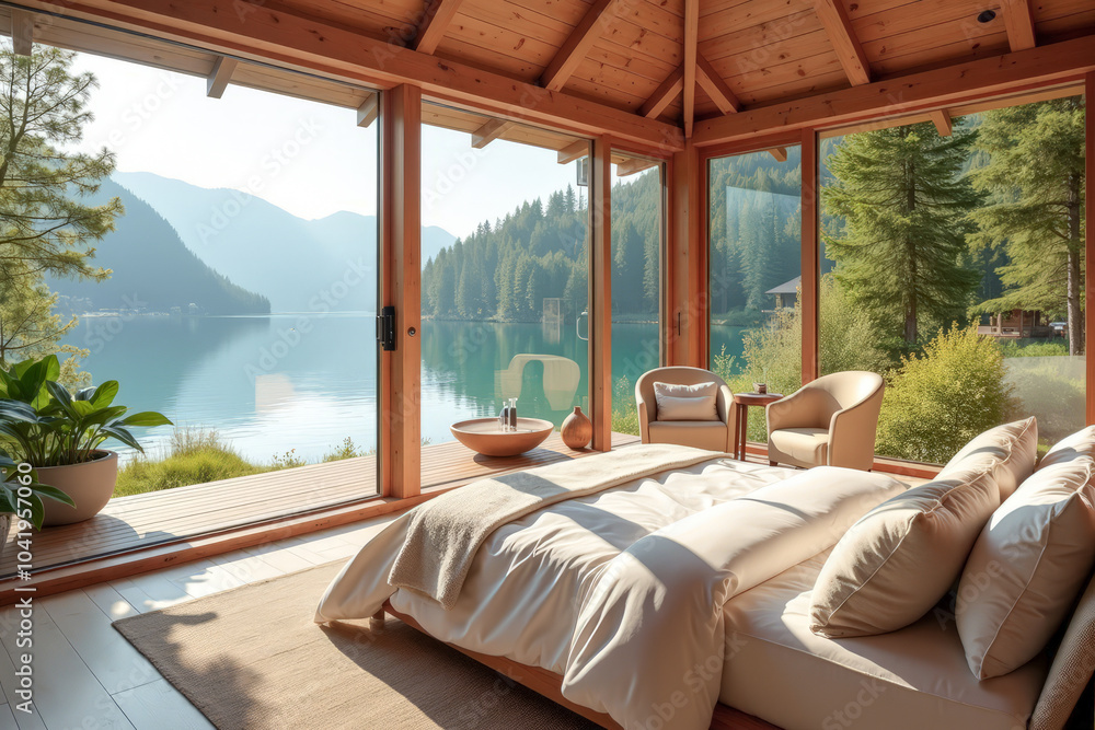 Fototapeta premium spacious bright bedroom in a chalet with large panoramic windows