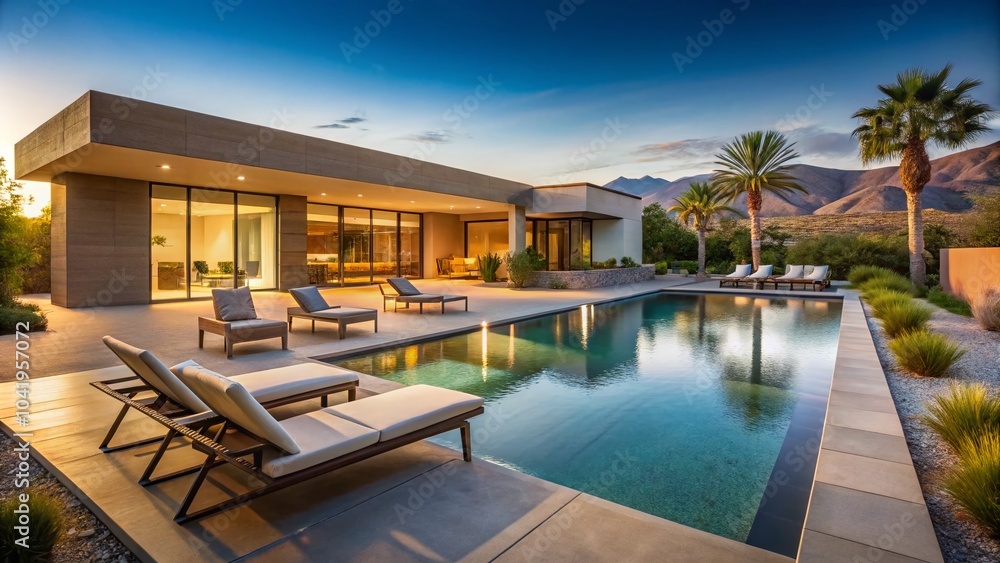 Fototapeta premium Modern Desert Home with Pool and Lounge Chairs - Stylish Outdoor Living Space