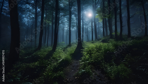 Enchanting Moonlight Path Through Foggy Forest