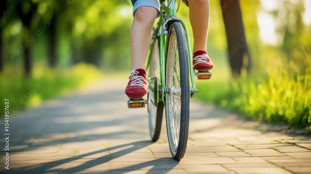 Naklejka premium A person riding a green bicycle along a sunny, tree-lined path.