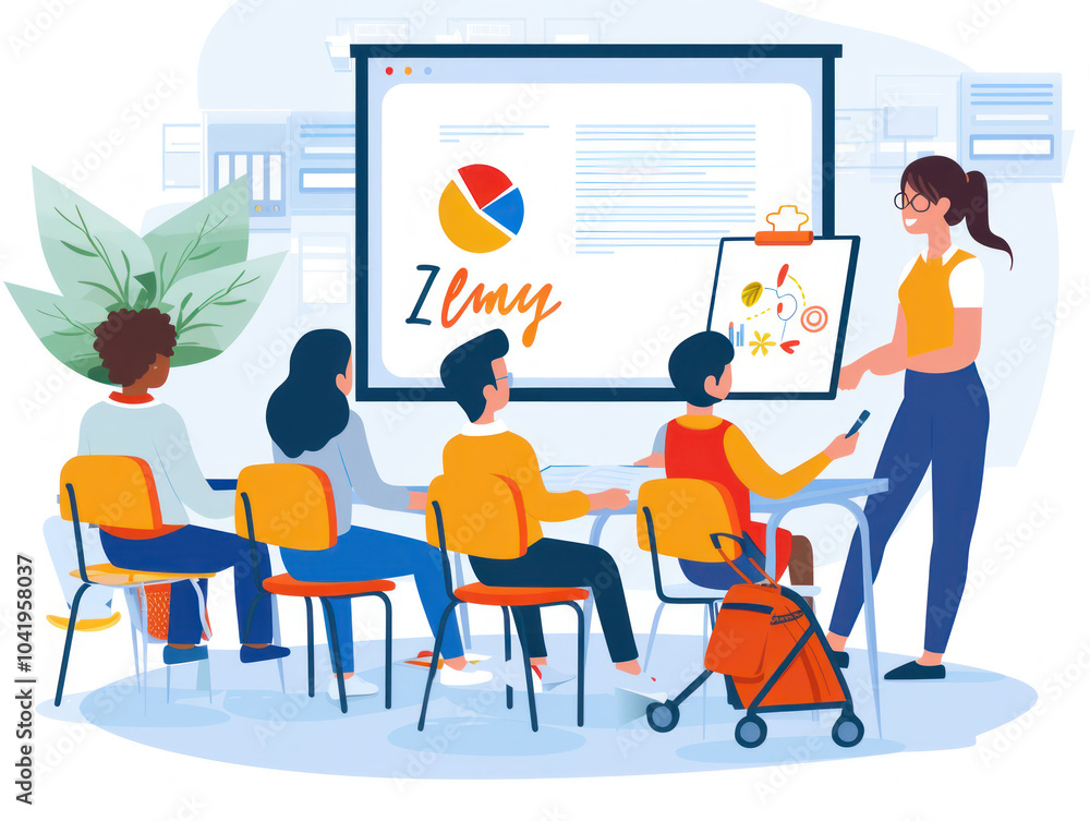 Fototapeta premium A teacher leading a lesson in an inclusive classroom, using adaptive tools to ensure all students can participate equally