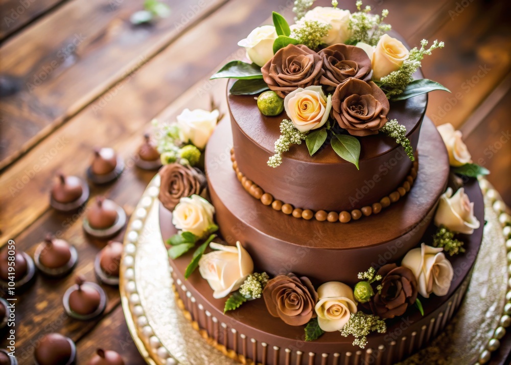 Elegant Wedding Chocolate Cake Display with Floral Decor Elegant Wedding Chocolate Cake Display with Floral Decor
