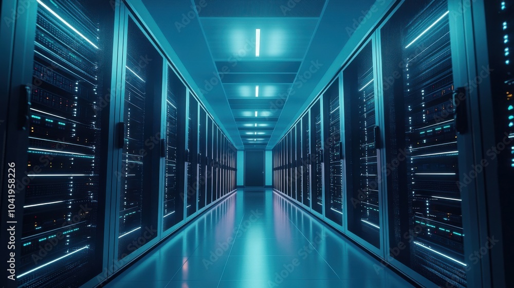 A sleek, modern data center with rows of servers and glowing lights, organized and efficient layout A sleek, modern data center with rows of servers and glowing lights, organized and efficient layout
