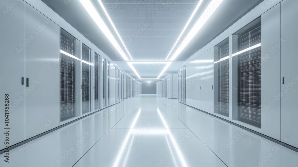 A sleek, modern data center with rows of servers and glowing lights, organized and efficient layout A sleek, modern data center with rows of servers and glowing lights, organized and efficient layout