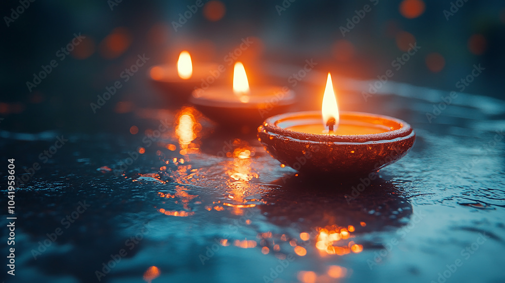 orange-red candles in shallow dishes, sitting on a dark, reflective surface with sparkles. Smoke is rising. Happy Diwali orange-red candles in shallow dishes, sitting on a dark, reflective surface with sparkles. Smoke is rising. Happy Diwali