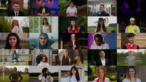 Video begins with close-up portrait of architect woman, fzoom out that reveals 25 individuals from diverse backgrounds. Each person expresses various emotions such as calm, joy, and confidence. photo