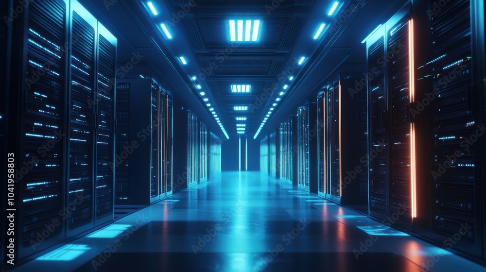 A sleek, modern data center with rows of servers and glowing lights, organized and efficient layout A sleek, modern data center with rows of servers and glowing lights, organized and efficient layout