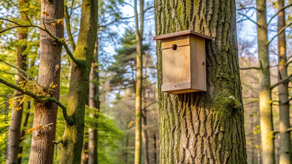 Reflected bat box in tree in wildlife conservation nature reserve forest Reflected bat box in tree in wildlife conservation nature reserve forest