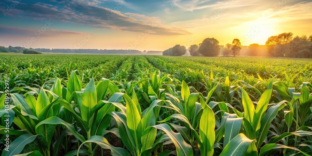 Lush green corn field at sunrise with shallow depth of field Lush green corn field at sunrise with shallow depth of field
