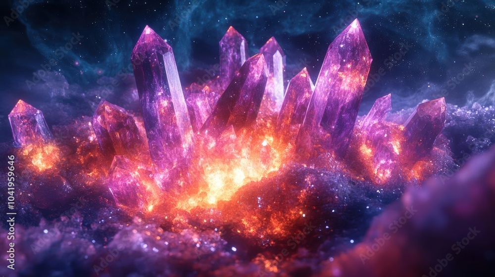 Visualize a mesmerizing crystal formation, radiating brilliant hues on a clean, wide background, perfect for text overlay