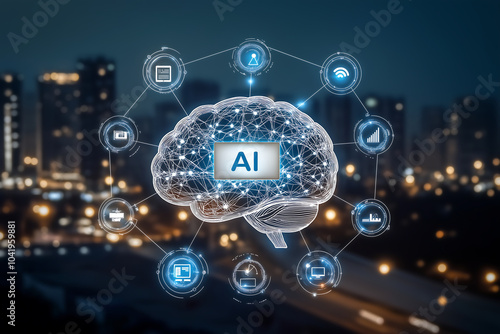 Wallpaper Mural AI, Machine learning, illustration features a digital brain with network connections. This image is suitable for AI, technology, networking and digital transformation concepts. Torontodigital.ca