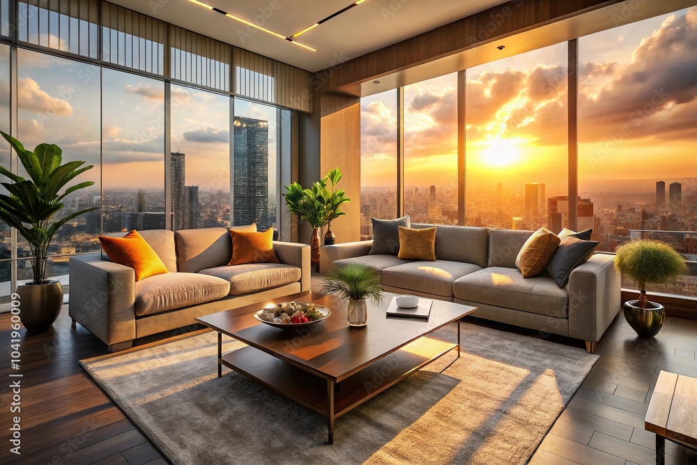 Fototapeta premium Modern Living Room with Panoramic City View at Sunset - Stylish Interior Design Inspiration