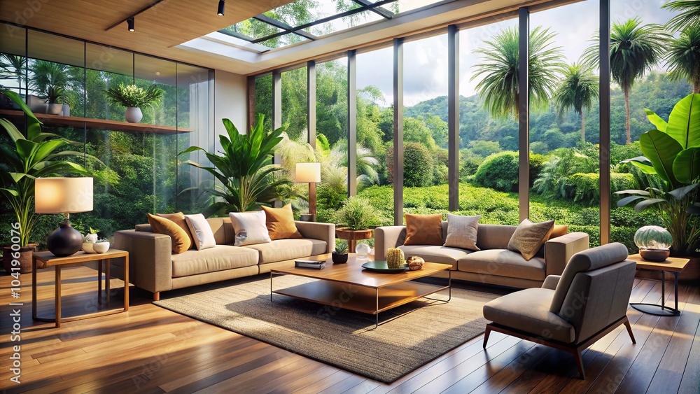 Fototapeta premium Modern Living Room with Tropical View and Stylish Furniture for Cozy Interiors