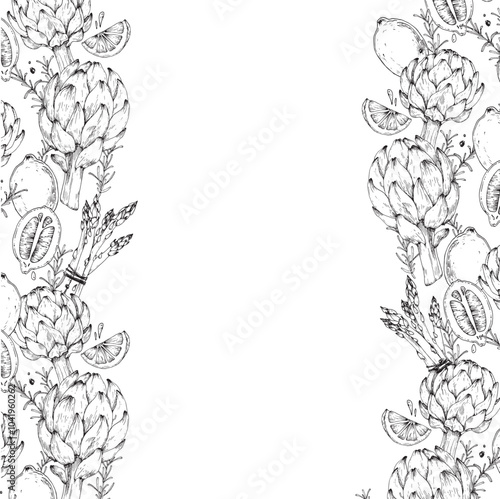 Frame with artichoke, asparagus, lemon, pepper and rosemary hand drawn with ink. Black and white vector illustration with vegetables. Template for label design, vegetarian menu design in a restaurant.
