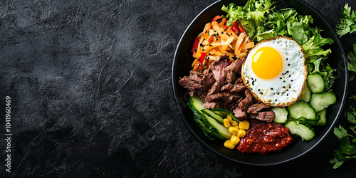 Bibimbap – a Korean dish with beef, vegetables, kimchi, a fried egg, and gochujang sauce.