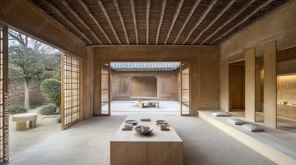 Fototapeta premium Modern Minimalist Interior Design with Wooden Beams and Open Courtyard