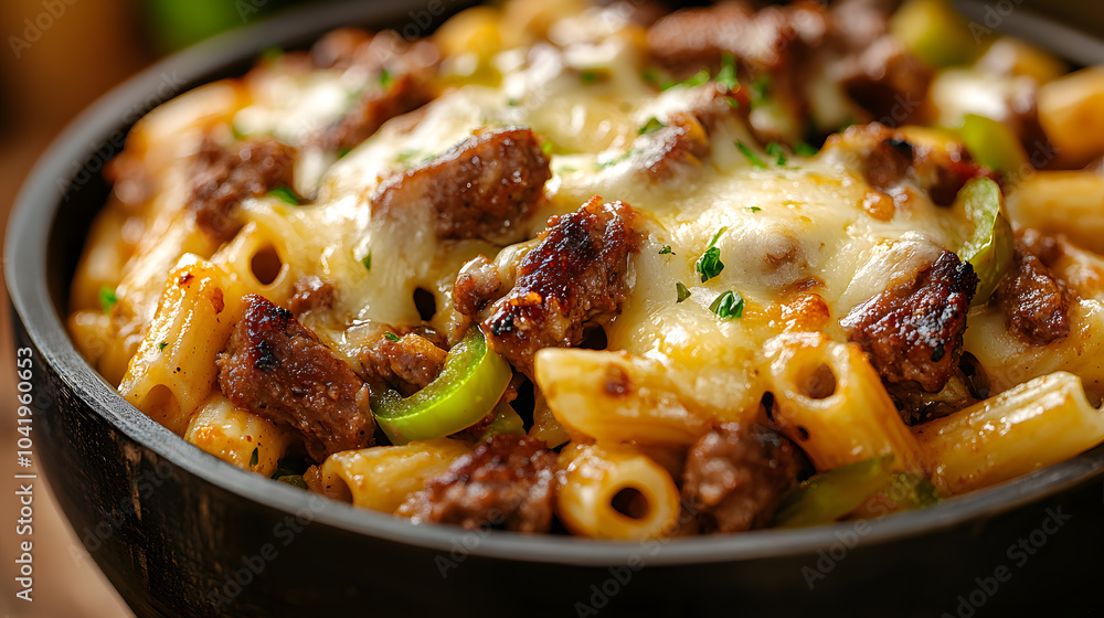 A close-up of Philly cheesesteak pasta in a bowl, with gooey provolone cheese melting over pasta and crispy browned cheese, sautéed onions and green peppers layered on top, shot with a telephoto lens A close-up of Philly cheesesteak pasta in a bowl, with gooey provolone cheese melting over pasta and crispy browned cheese, sautéed onions and green peppers layered on top, shot with a telephoto lens