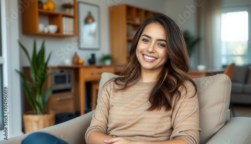 Young woman smiling in cozy living room, showcasing warm decor and relaxed atmosphere during daylight hours