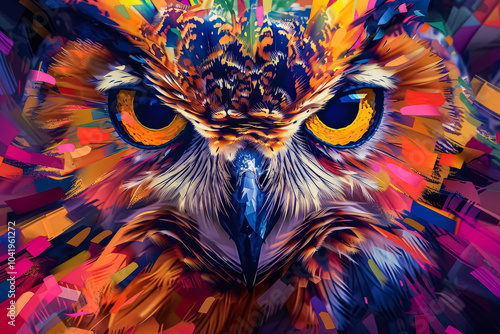 Colorful owl with a big yellow eye. The owl is surrounded by a lot of different colors, making it look like a work of art