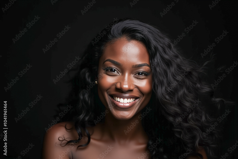 Beautiful black woman on a black background smiling Beautiful black woman on a black background smiling