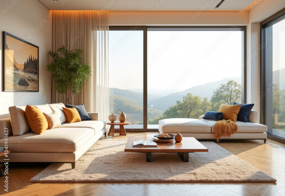 Obraz premium stylish living room with a large bright window and designer furniture