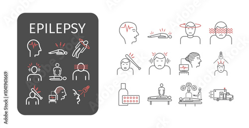 Epilepsy thin line icons set. Symptoms and treatments: convulsion, disorder, dizziness, brain scan. Vector signs for web graphics.