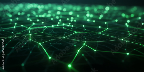 A sci-fi-inspired green grid with interconnected lines and bright nodes, creating a sense of advanced technology and the seamless transfer of data across a polygonal web.