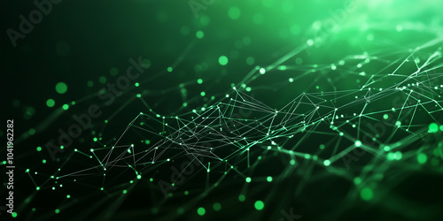 A polygonal wallpaper with green tones, depicting a complex web of lines and nodes connected in a futuristic network, representing data exchange and high-tech communication.