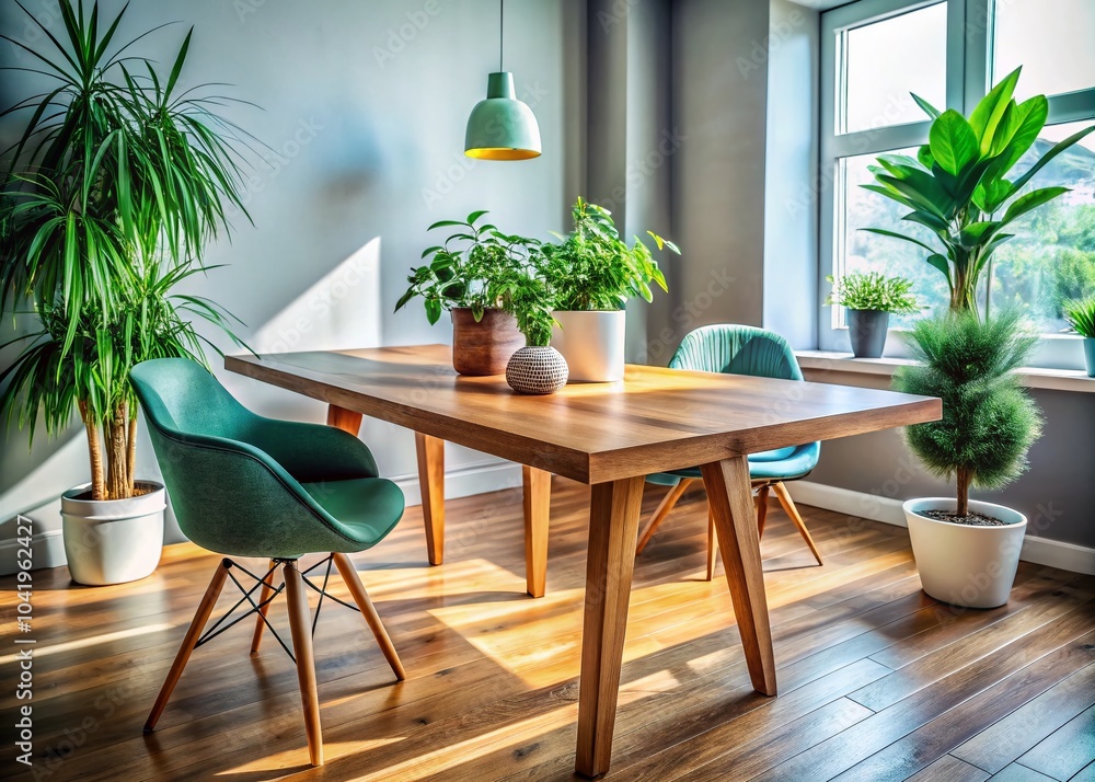 Obraz premium Modern Room with Wooden Table and Plant - Stylish Interior Design Photography