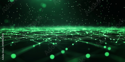 A glowing green network grid overlaid on a dark background, with particles pulsing along the connections, symbolizing the fast-paced exchange of information in a sci-fi technologic